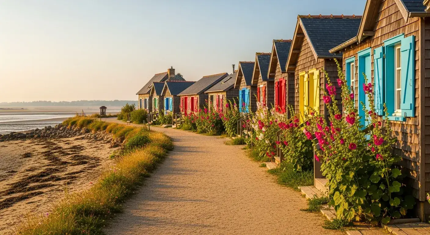 El pueblo ostrícola de L'Herbe, en Cap-Ferret, con sus coloridas cabañas de madera a orillas de la dársena durante la marea baja, bajo una luz cálida