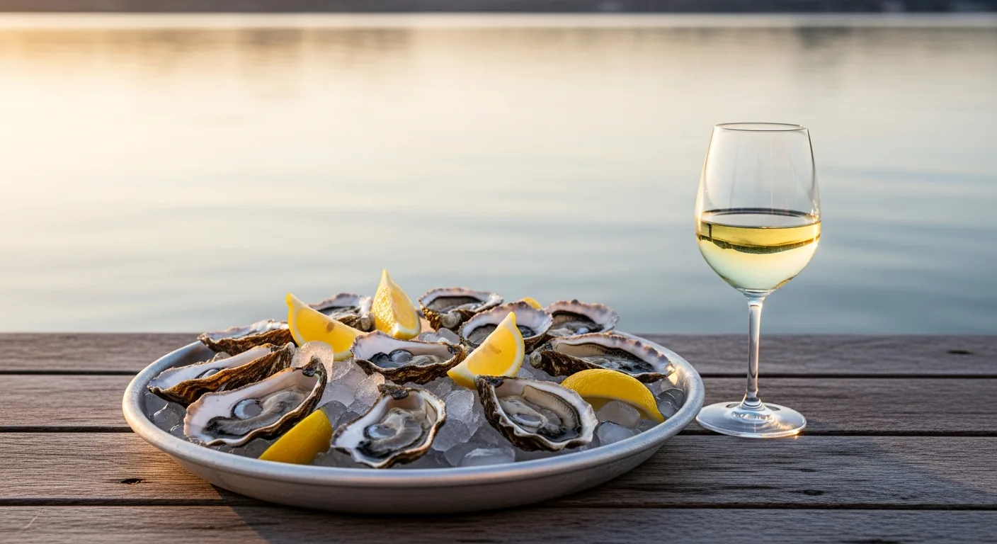 Plato de ostras de la cuenca de Arcachon y criaderos de ostras durante la marea baja en Cap-Ferret, con estacas y cabañas de madera