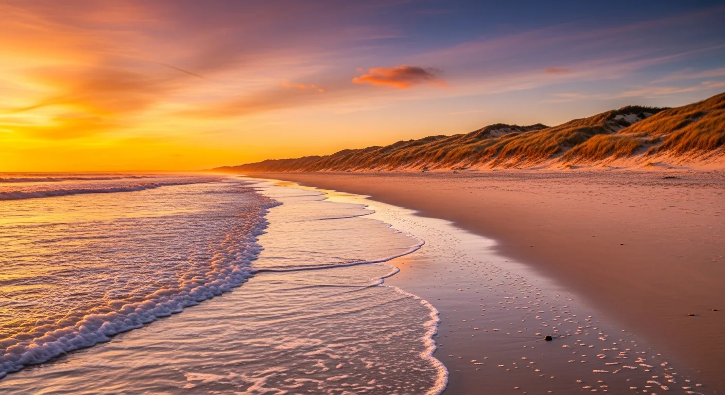 Playa oceánica desierta de Cap-Ferret al atardecer, una larga franja de arena clara, olas del Atlántico y dunas de espartina