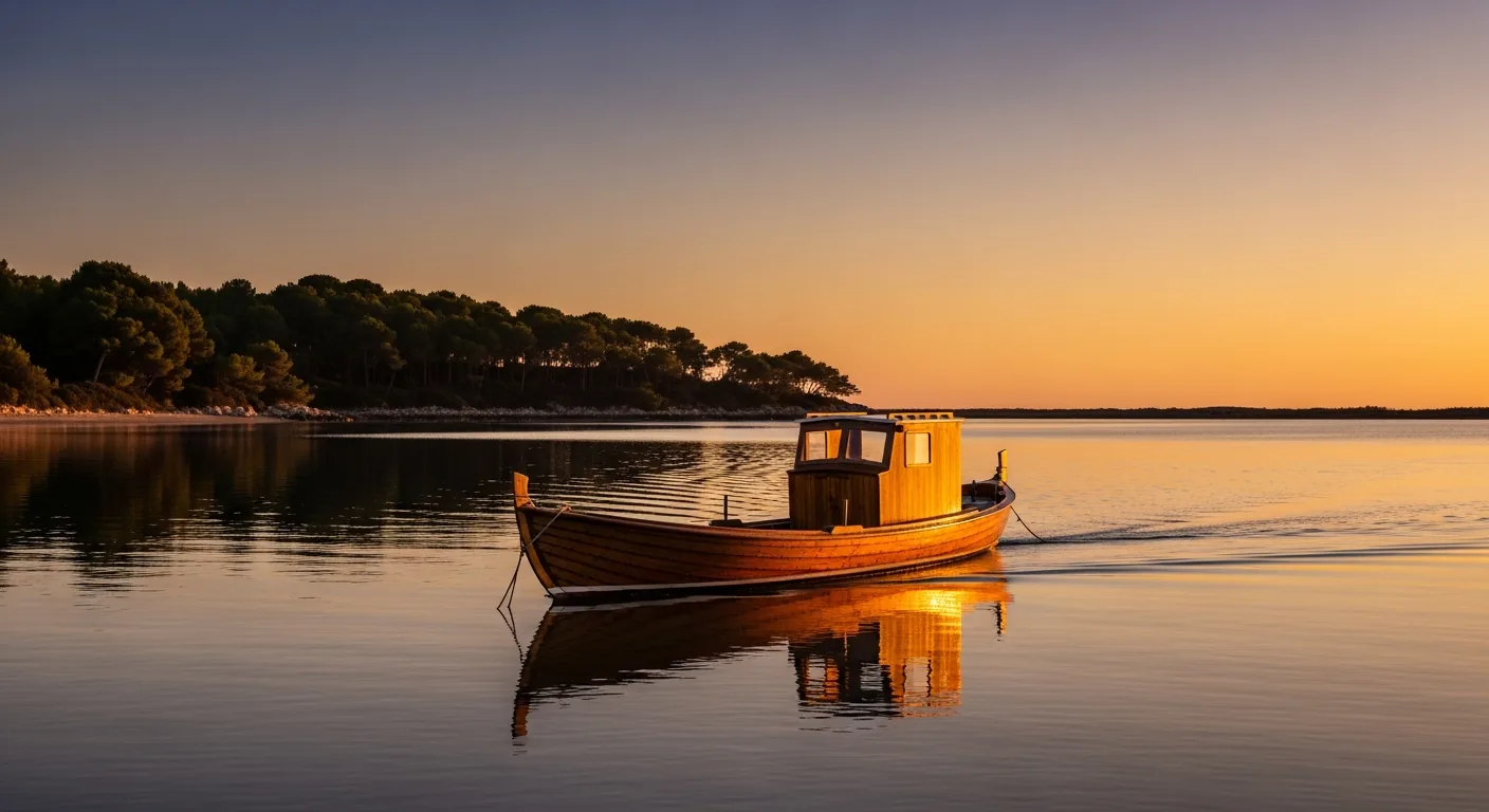 Pinaza tradicional de madera amarrada en la tranquila bahía de Arcachon, en Cap-Ferret, al atardecer, junto a una costa de pinos