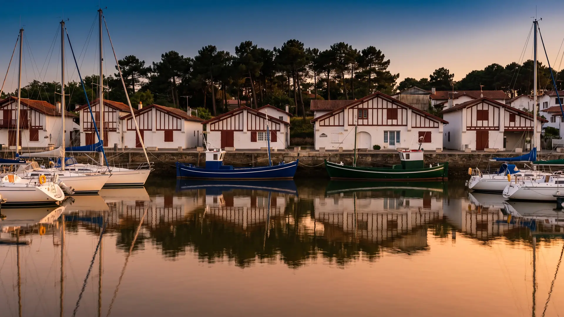 El pequeño puerto de una ciudad de las Landas a la hora dorada, con veleros amarrados y casas bajas con entramado de madera en el muelle
