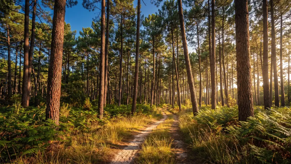Altos pinos marítimos de tronco rojizo sobre un tapiz de helechos y hierbas doradas; un sendero arenoso entre los árboles