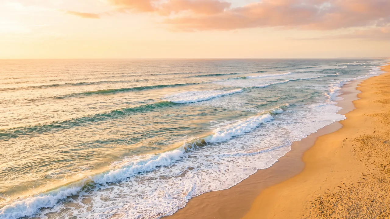 Las olas del Atlántico rompen en espuma en la playa desierta de Carcans al atardecer, con aguas turquesas y doradas