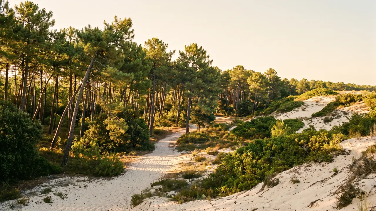 Bosque de pinos marítimos que se extiende hasta la parte trasera de las altas dunas de Carcans, luz dorada entre los troncos y la cresta de arena