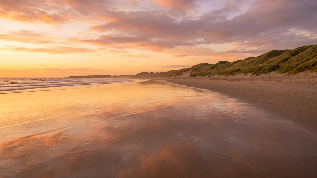 Amplia playa de Carcans con marea baja, extensión de arena húmeda que brilla bajo un cielo dorado, oleaje en la lejanía y dunas de espartina