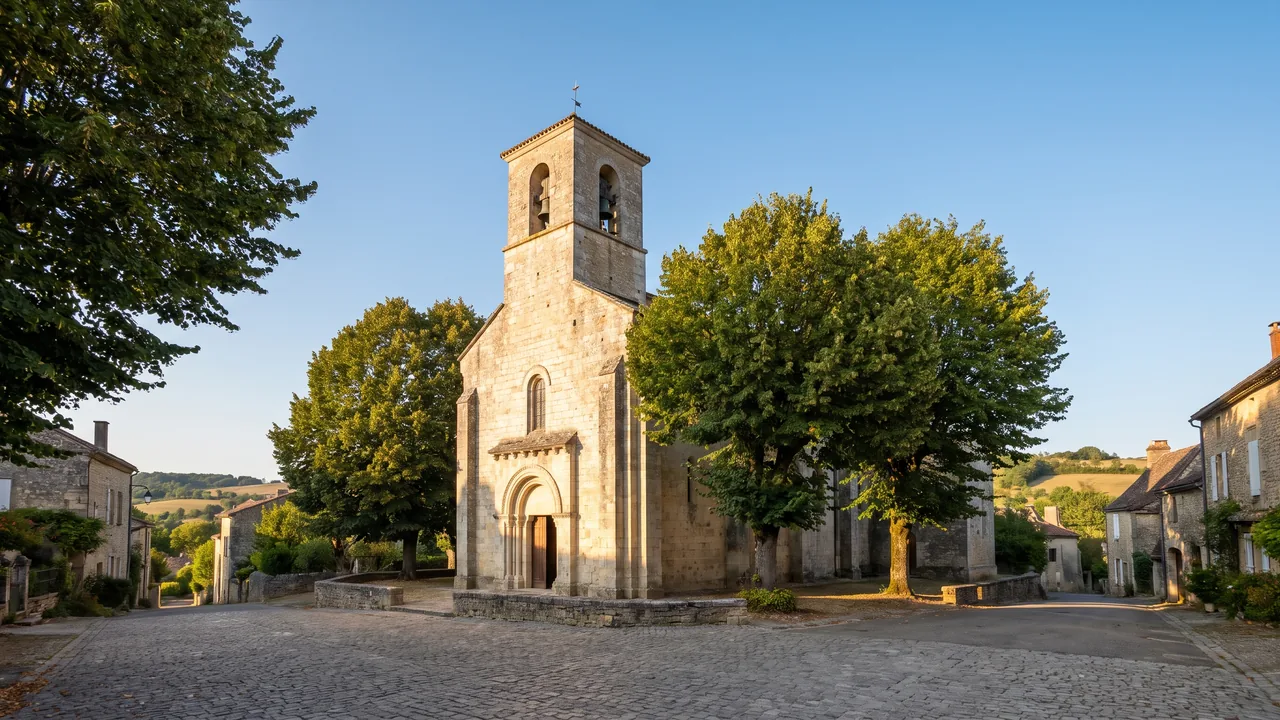 Modesta iglesia antigua de piedra clara en Carcans, con un campanario cuadrado entre los árboles y la cálida luz del atardecer