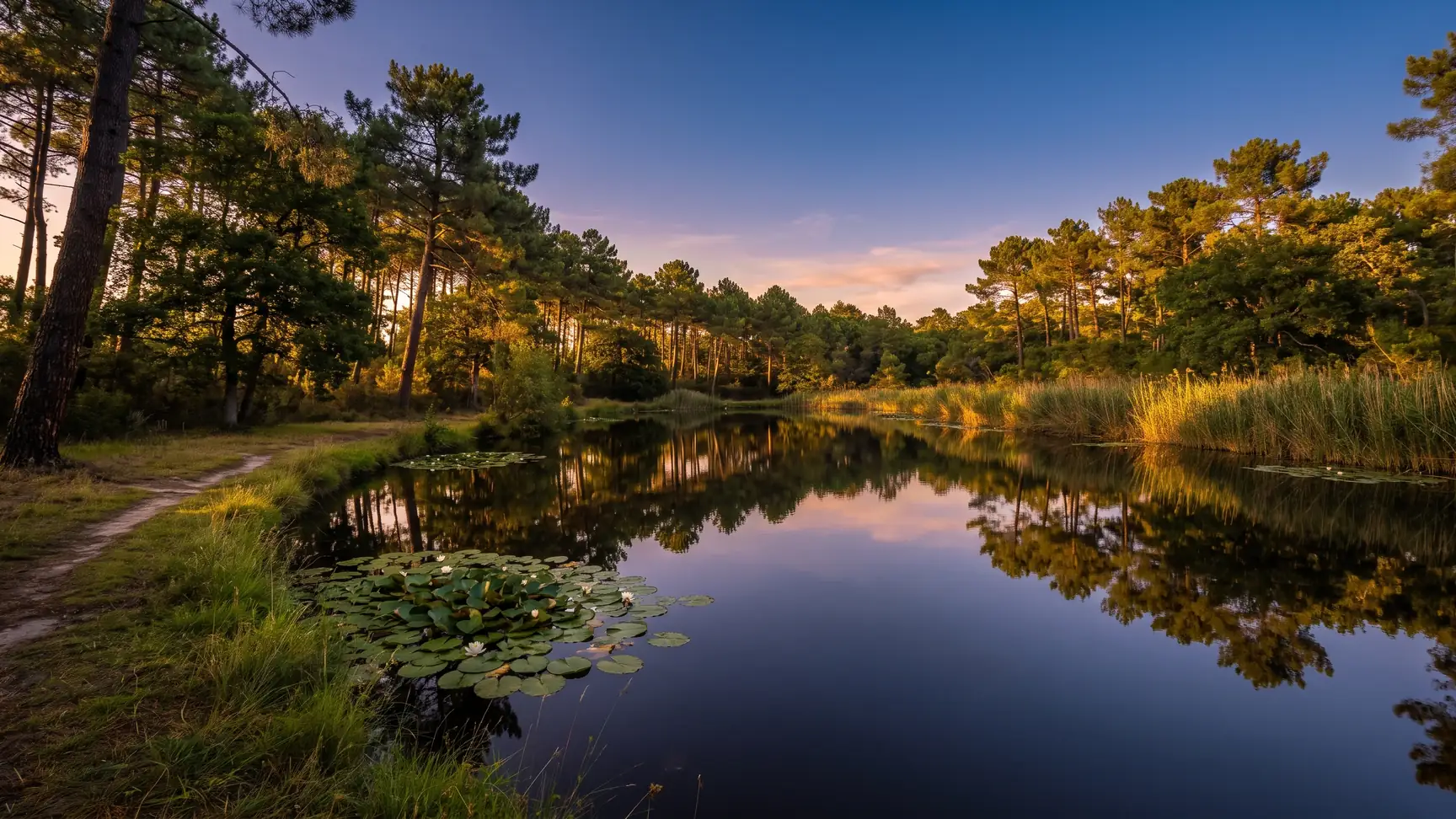 Un tranquilo estanque forestal con nenúfares, rodeado de juncos, robles y pinos, con aguas oscuras que reflejan el cielo dorado