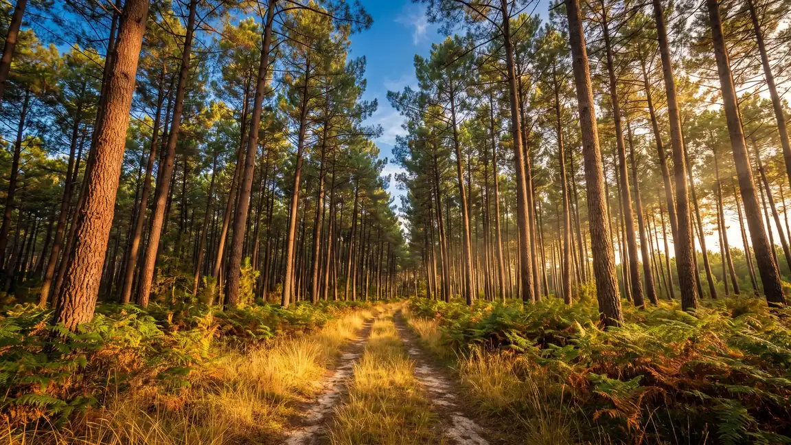 Altos pinos marítimos, rectos como columnas sobre un tapiz de helechos; un sendero arenoso bajo la luz dorada