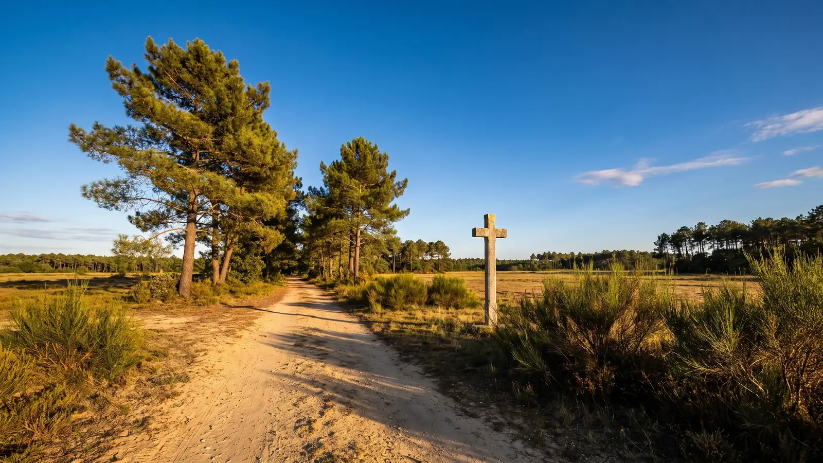 Un sendero arenoso bordeado de pinos y retamas, una pequeña cruz de piedra desnuda al borde del camino, luz dorada