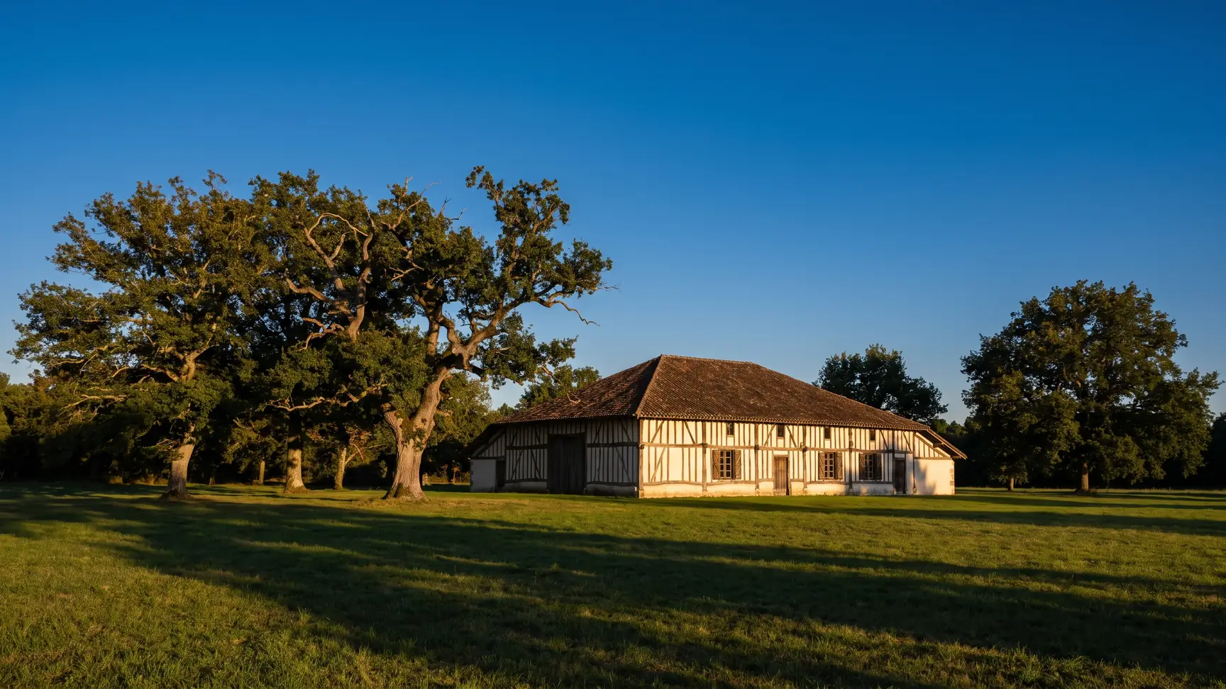 Una casa tradicional de las Landas, con entramado de roble oscuro y un amplio tejado saliente, a la sombra de robles centenarios