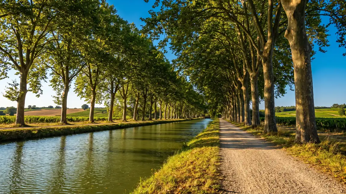 El camino de sirga del canal del Garona, bajo una doble hilera de plátanos en Gironda, con la luz dorada reflejándose sobre la grava