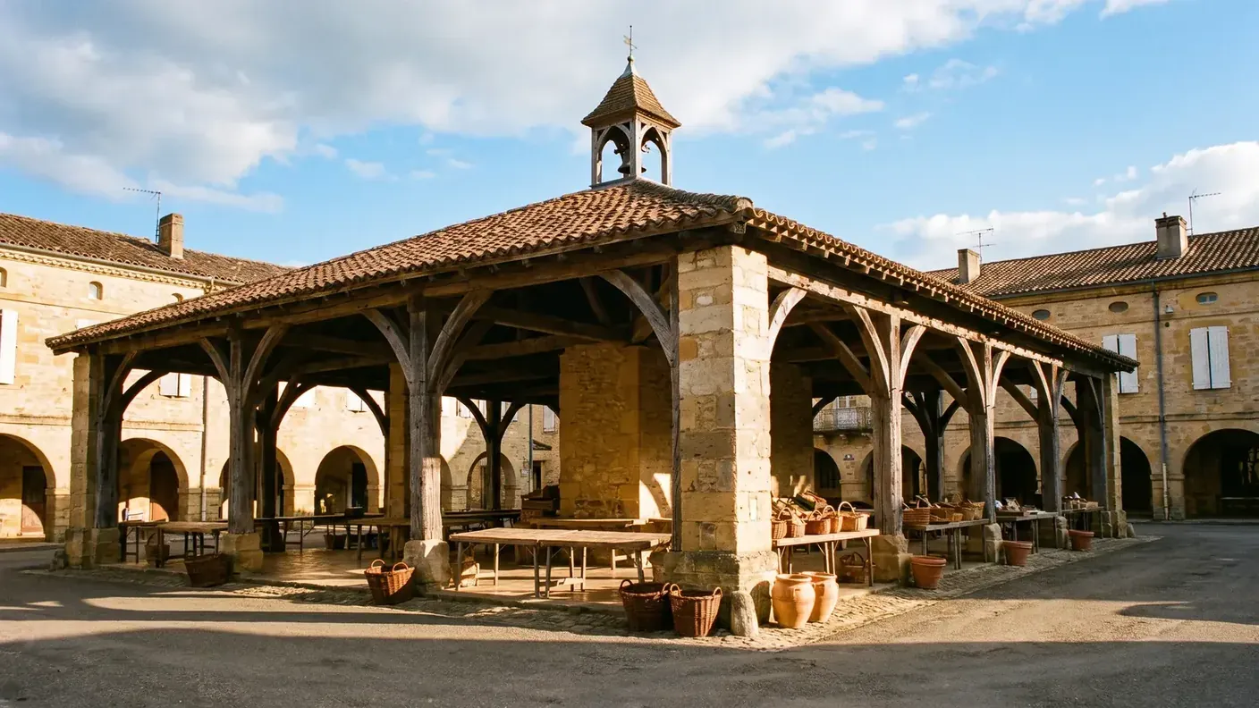 El mercado cubierto de Castillonnès, con estructura de madera y tejado de tejas coronado por un campanario, situado en la plaza porticada