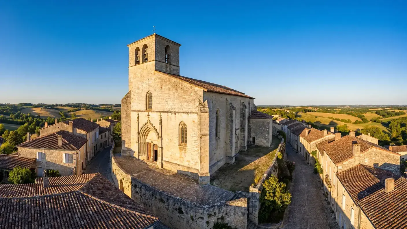 La iglesia de San Pedro de Castillonnès, un edificio de piedra clara con un campanario cuadrado que se eleva por encima de los tejados de tejas de la bastida