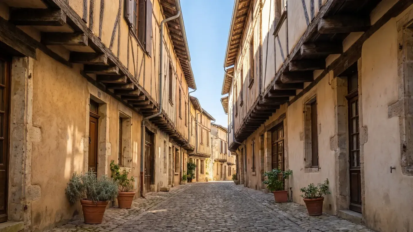 Callejuela medieval de casas con entramado de madera en Castillonnès, con pisos en voladizo y entramado de madera