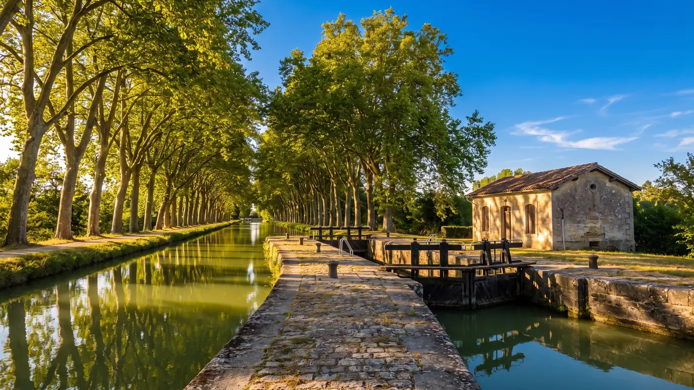 El canal lateral del Garona, bordeado de plátanos en Gironda a la hora dorada, con el agua en calma y una esclusa de piedra