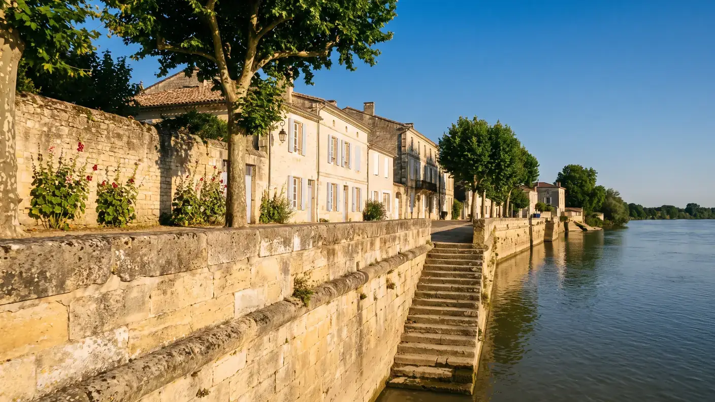 Un antiguo muelle de piedra de un puerto fluvial en el Garona, en Gironda, con un muro de piedra caliza clara y unos escalones que bajan hacia el agua