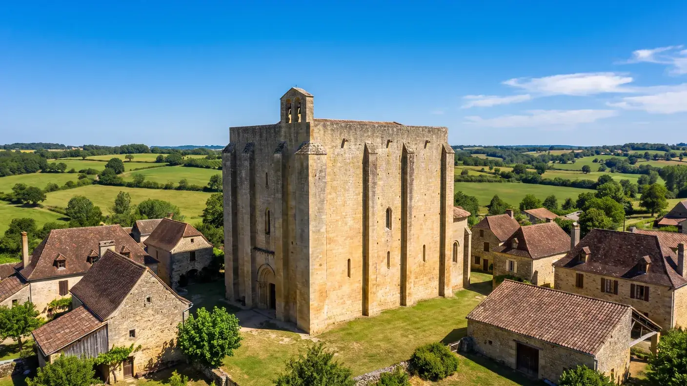 Celles: la iglesia-torre del Ribéracois, en Dordoña