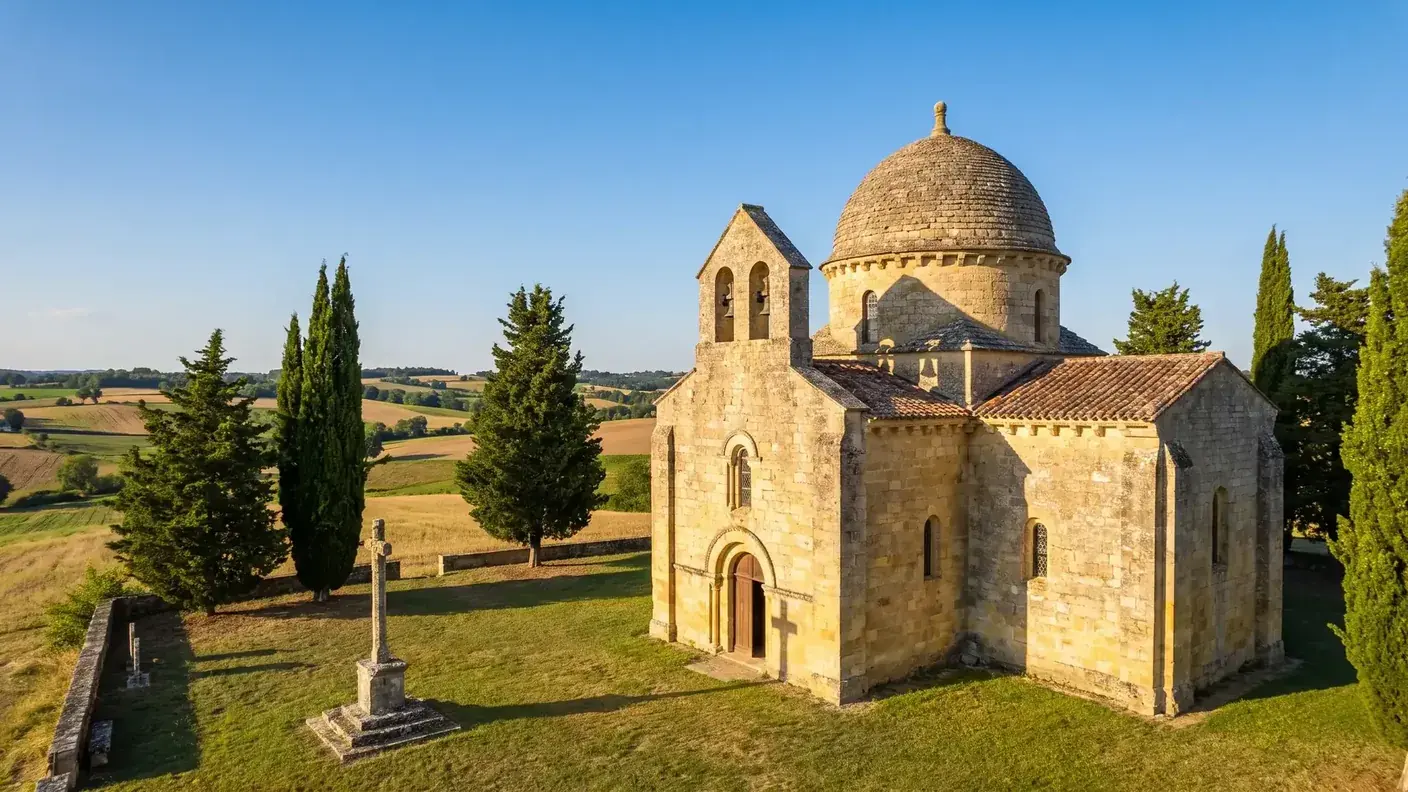 Iglesia románica con cúpula de la región de Ribérac, en la campiña del Périgord