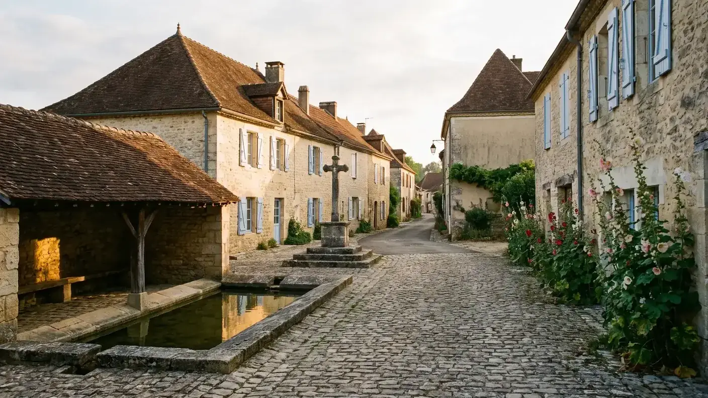 Callejuela del Périgord Verde con casas de piedra, lavadero y malvas reales