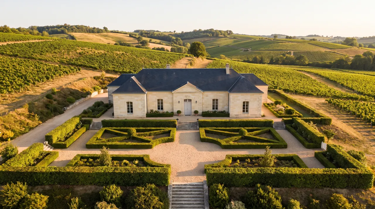 Elegante bastida de una sola planta, construida en piedra clara, con tejado de pizarra y jardines, rodeada de viñedos en Cérons