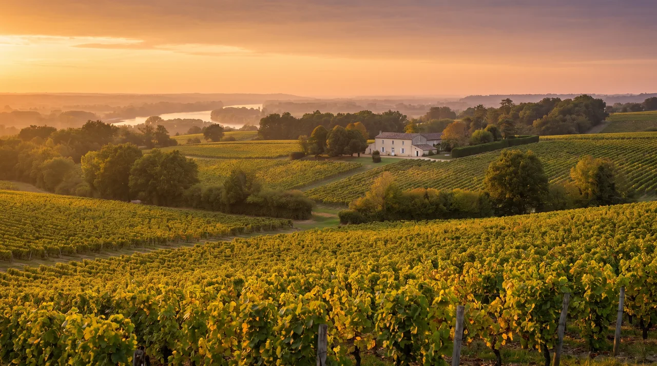 Campiña de Graves, cerca de Cérons, al atardecer: viñedos, setos y una granja de piedra a lo lejos, luz dorada