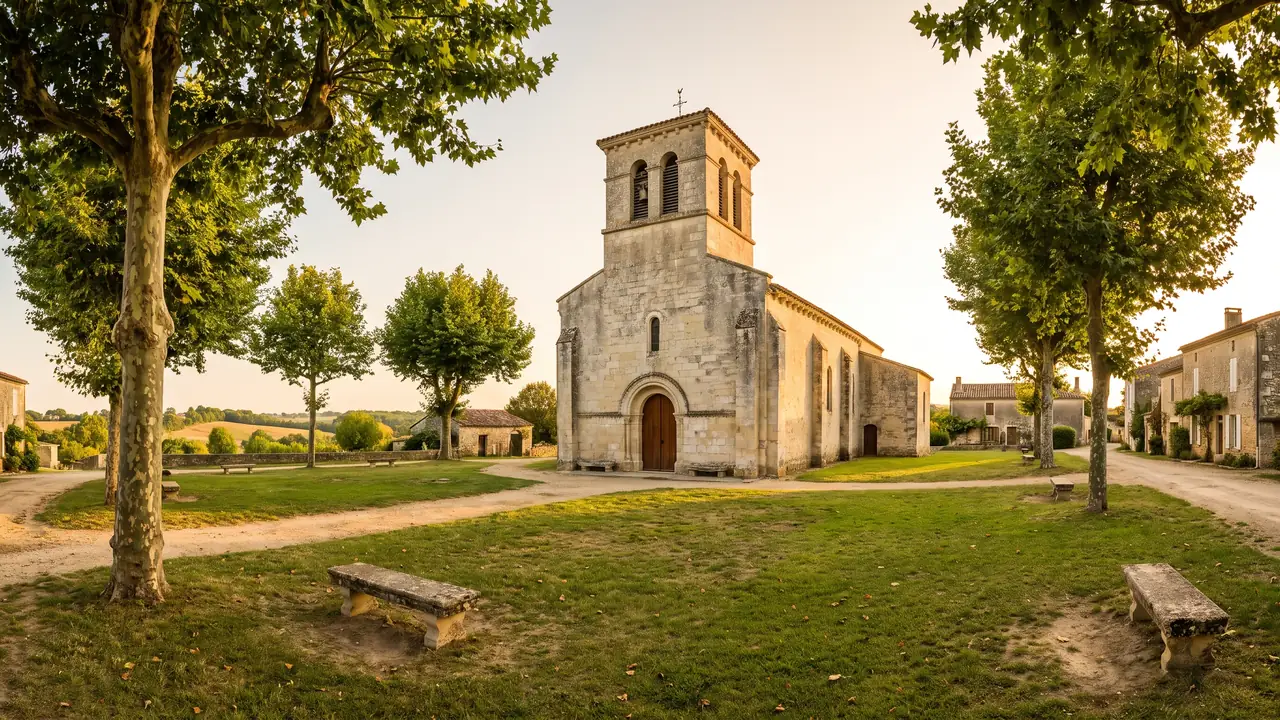 Iglesia románica de la Charente, construida en piedra clara, situada en Champniers, con campanario octogonal y portal de arco de medio punto a orillas de una plaza