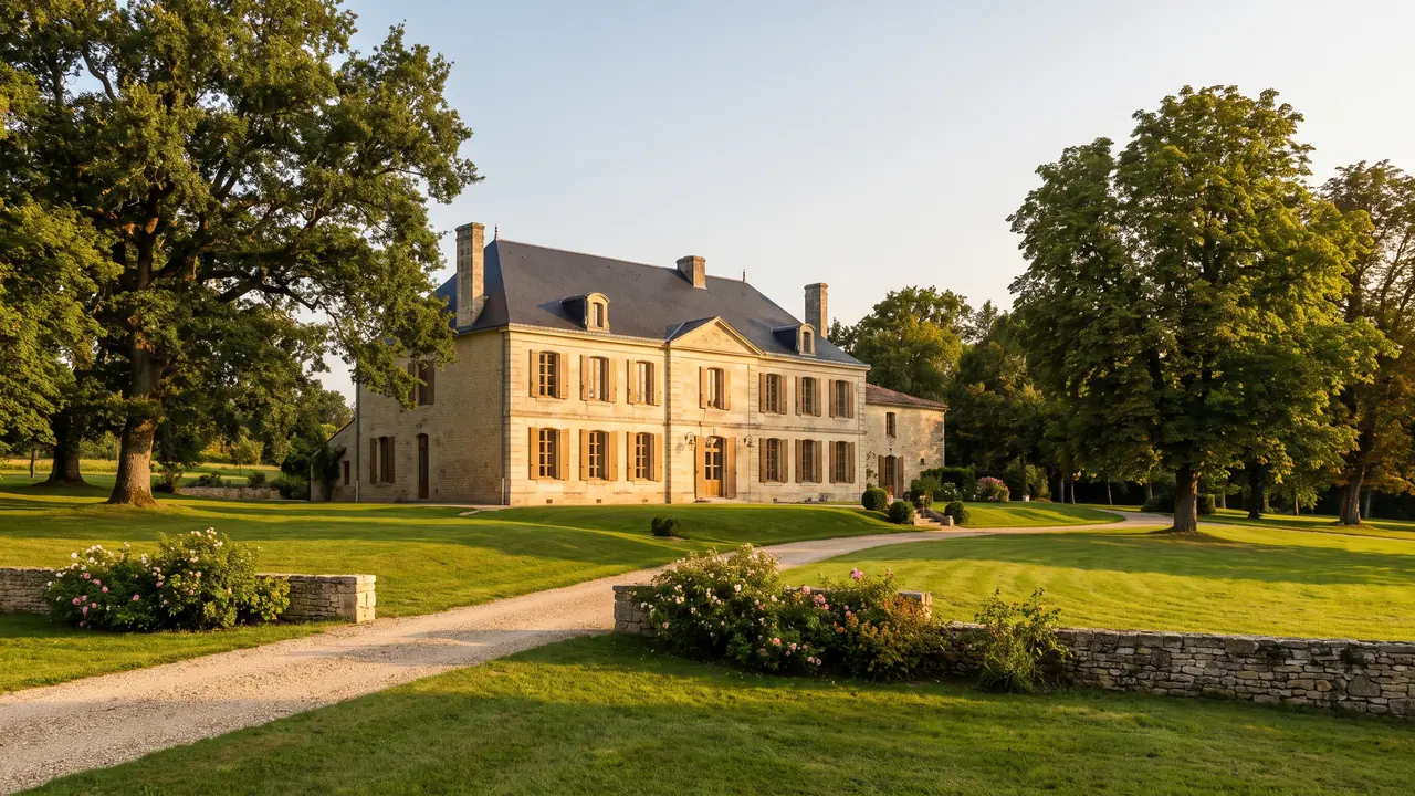 Elegante casa tradicional de la Charente, construida en piedra dorada, con contraventanas altas y tejado de pizarra, rodeada de céspedes y árboles centenarios