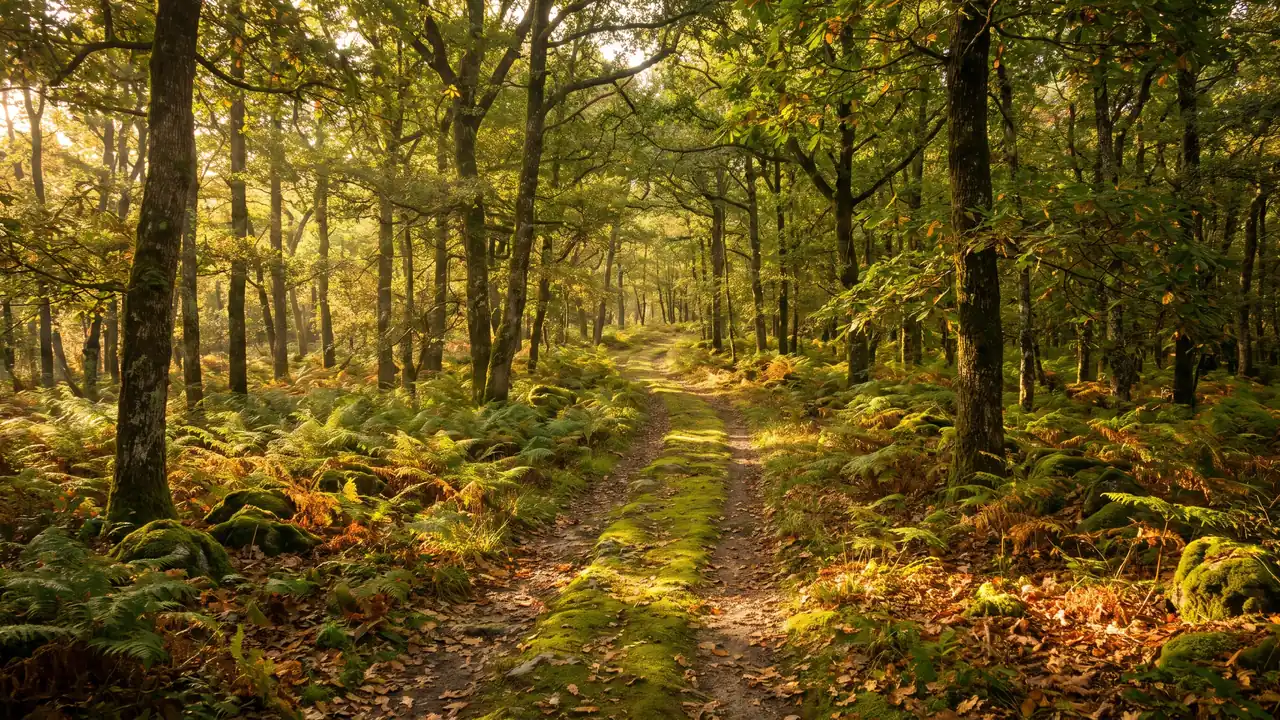 Un tranquilo sotobosque de robles y castaños bañado por una cálida luz, con un tapiz de helechos y un sendero que serpentea entre los troncos