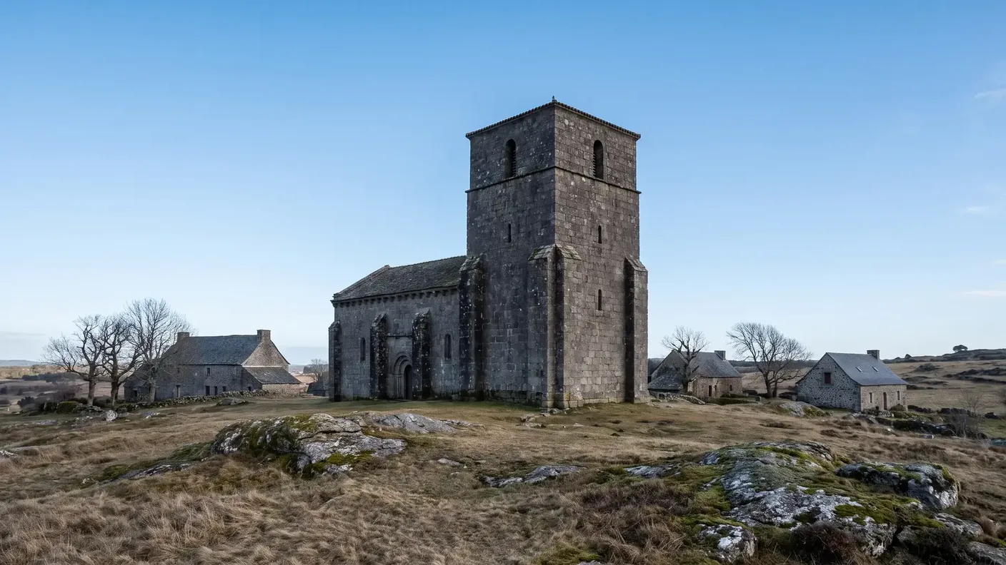 The Fortified Church of Saint-Paixent in Champniers, a square granite tower with arrowslits