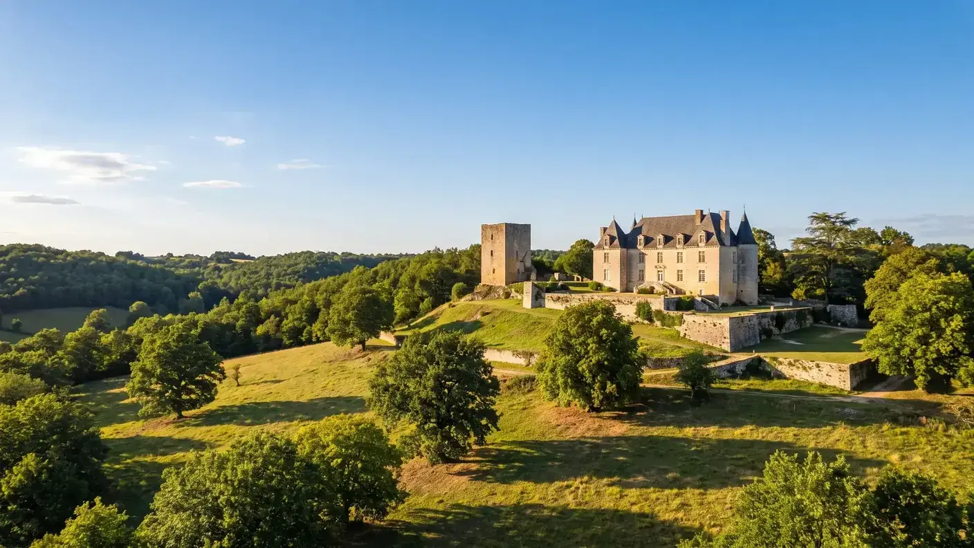 Champniers Castle in the Dordogne, a medieval stone residence on the site of an ancient oppidum