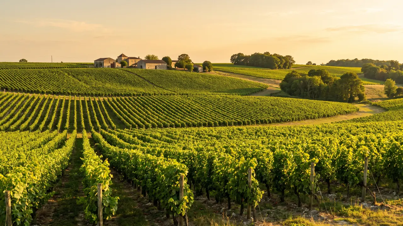 Filas de viñas de coñac en una ladera calcárea de Charente, con un follaje de un verde intenso bajo la cálida luz del atardecer