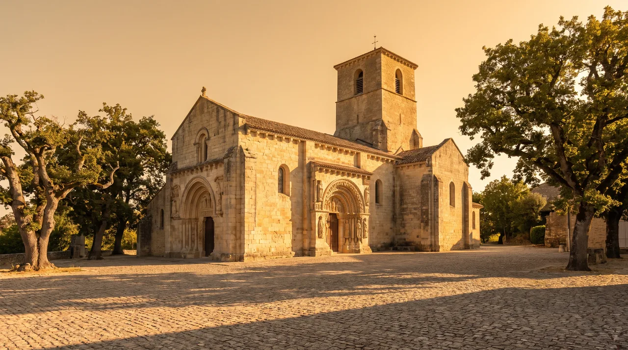 Iglesia románica de piedra clara con un pórtico en arco ricamente esculpido y un campanario cuadrado en Haux, luz cálida