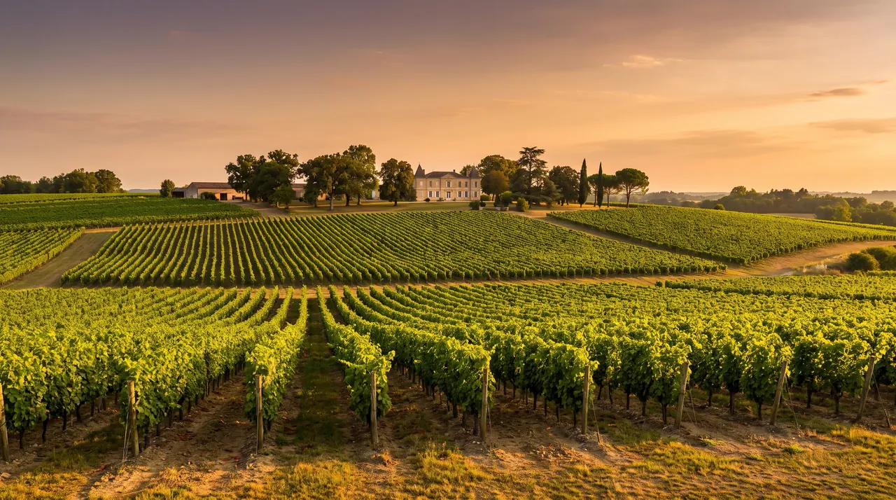Filas de viñedos de Côtes de Bordeaux en suaves laderas cerca de Haux al atardecer, con un castillo de piedra a lo lejos
