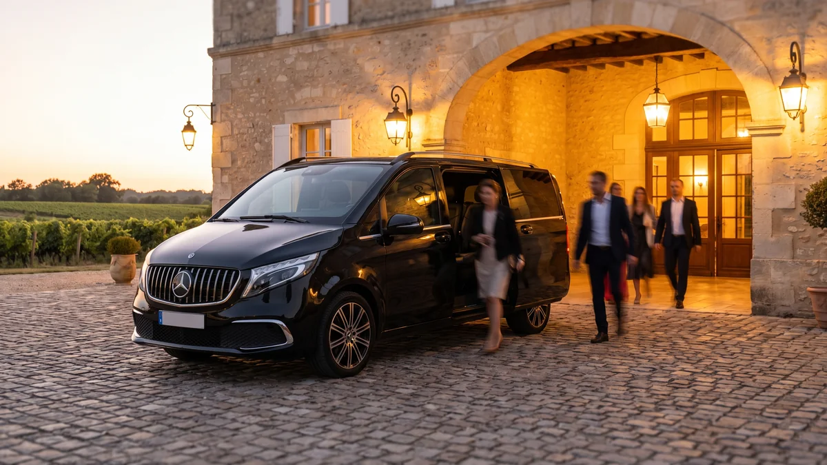 A black van with a driver dropping off a group of guests in front of an event venue in Bordeaux