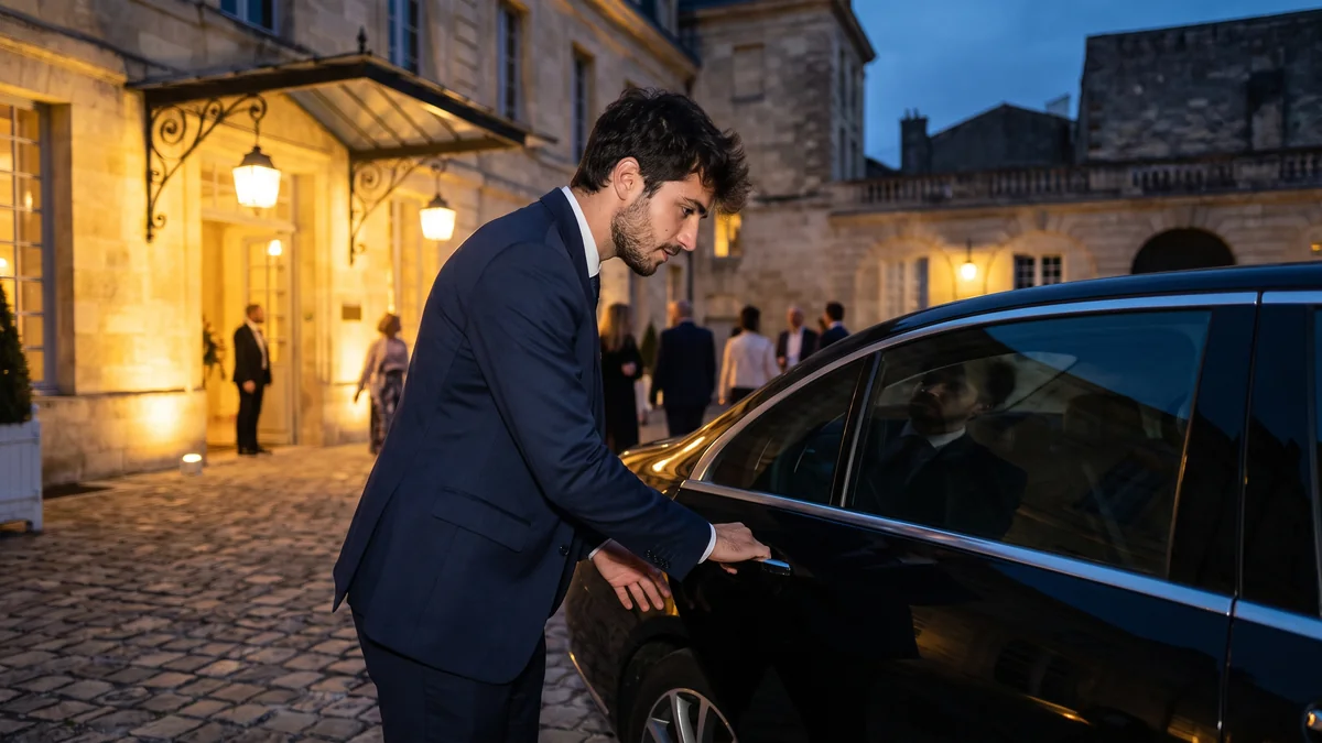 A chauffeur in a suit waiting next to his sedan on the evening of an event in Bordeaux