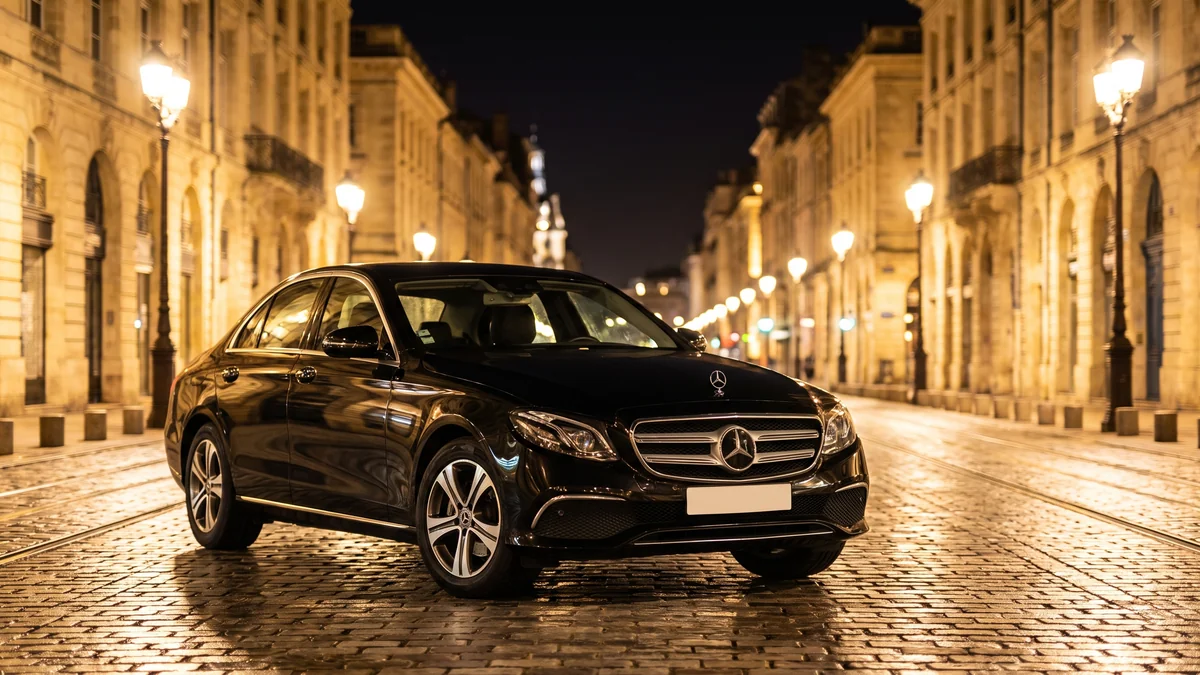 Sedán Mercedes con chófer asignado por la noche en los muelles de Burdeos
