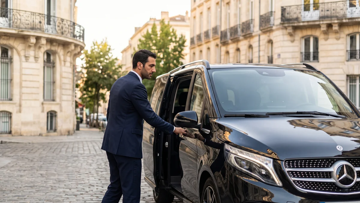 A professional driver opening the sliding door of a black van in Bordeaux