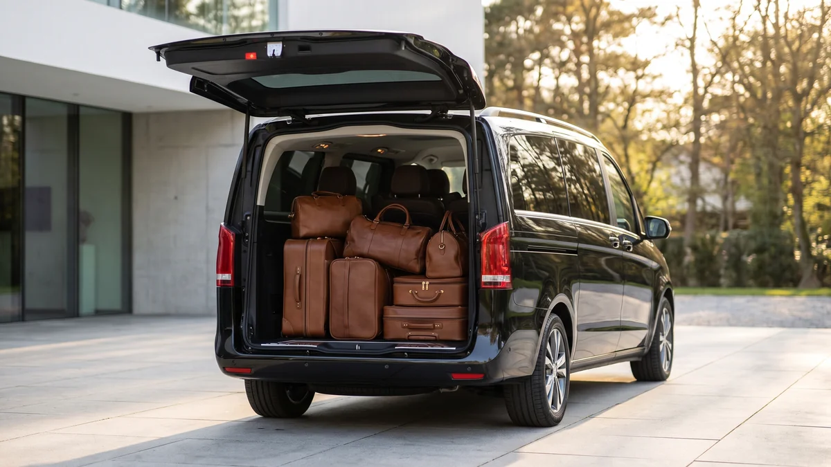 The open trunk of a black van loaded with suitcases for a group transfer