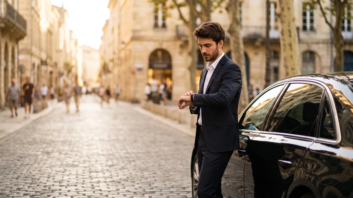 Conductor privado mirando el reloj mientras espera a su cliente en Burdeos