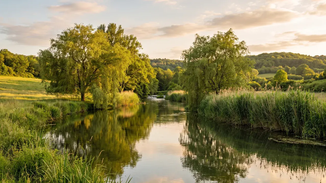 La Boutonne en su nacimiento, aguas cristalinas de un pequeño río entre juncos y sauces en un verde valle del Poitou