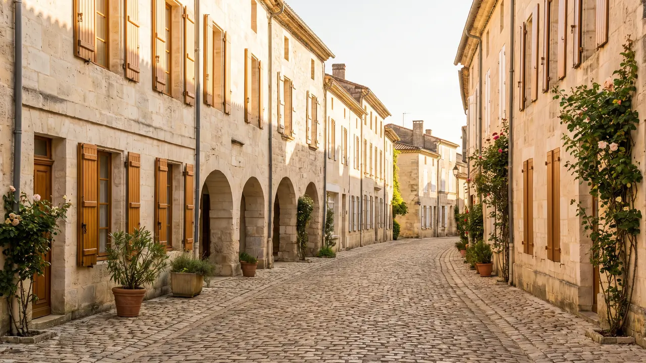 Antigua callejuela de Chef-Boutonne, casas de piedra clara con contraventanas y arcos bajos, adoquines y una luz suave