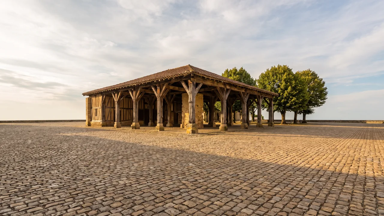 Antigua lonja cubierta, de piedra y estructura de madera, situada en una plaza empedrada y desierta, con una luz suave