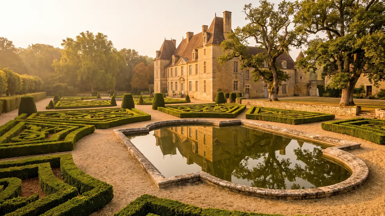Jardines del castillo de Javarzay en Chef-Boutonne: setos recortados, senderos y estanque bordeado de piedra