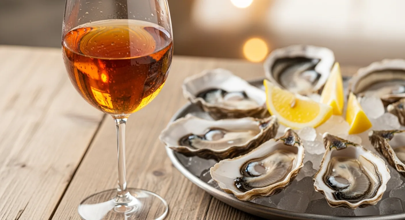 Una copa de Pineau des Charentes, ostras de Marennes-Oléron y caracoles, servidos en una tabla de madera