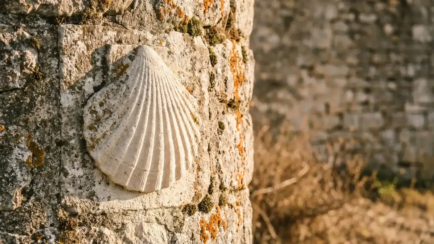 A scallop shell carved into a stone wall