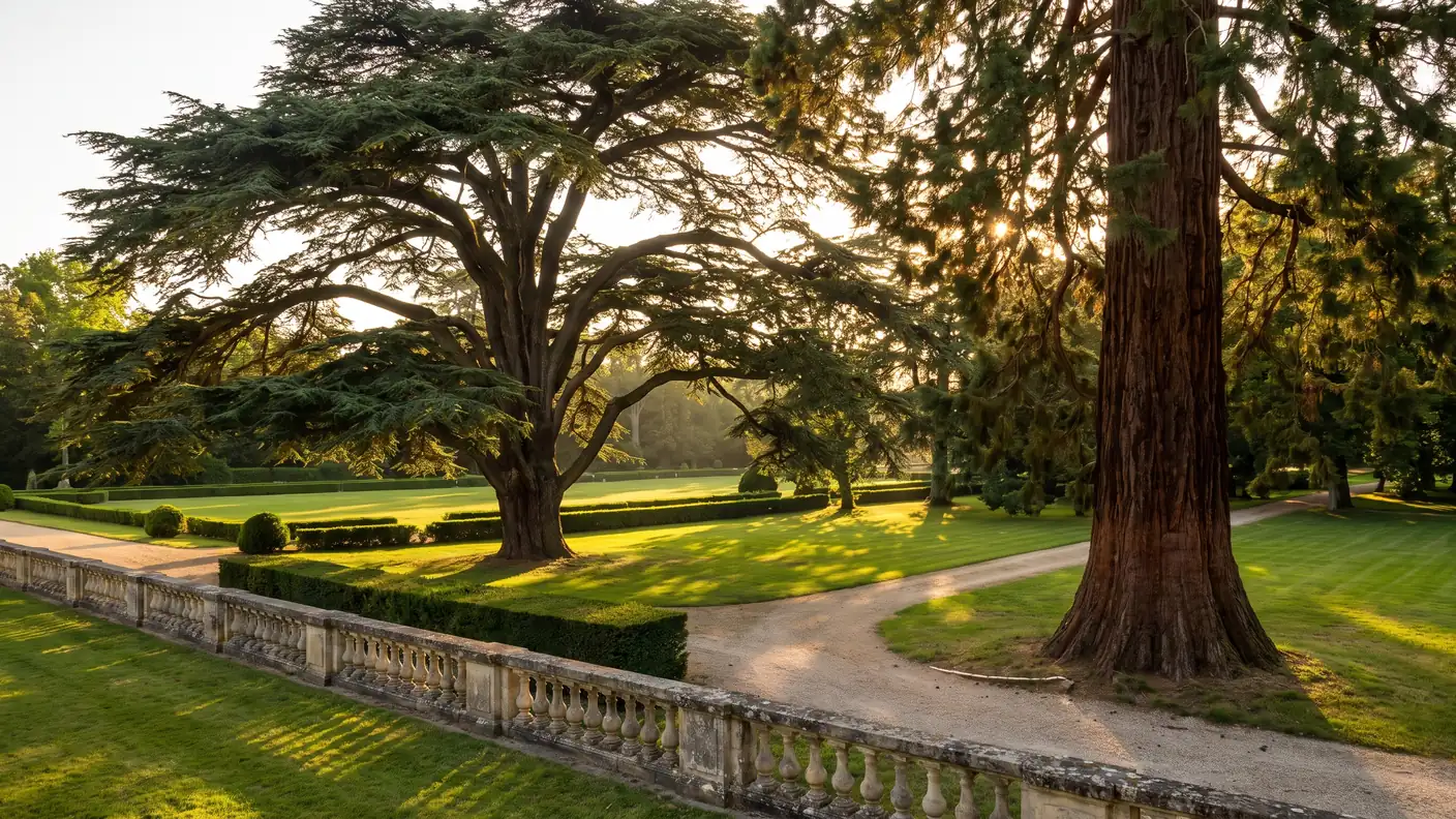 Un gran parque paisajístico antiguo con árboles majestuosos en Gironda, bañado por una luz dorada; un inmenso cedro centenario y una secuoya gigante de corteza de un rojo intenso que se elevan sobre el césped, luz cálida que se filtra a través del dosel de las copas, una barandilla de piedra y setos recortados, una sombra verde intensa, un parque de castillo majestuoso y romántico, sin nadie a la vista