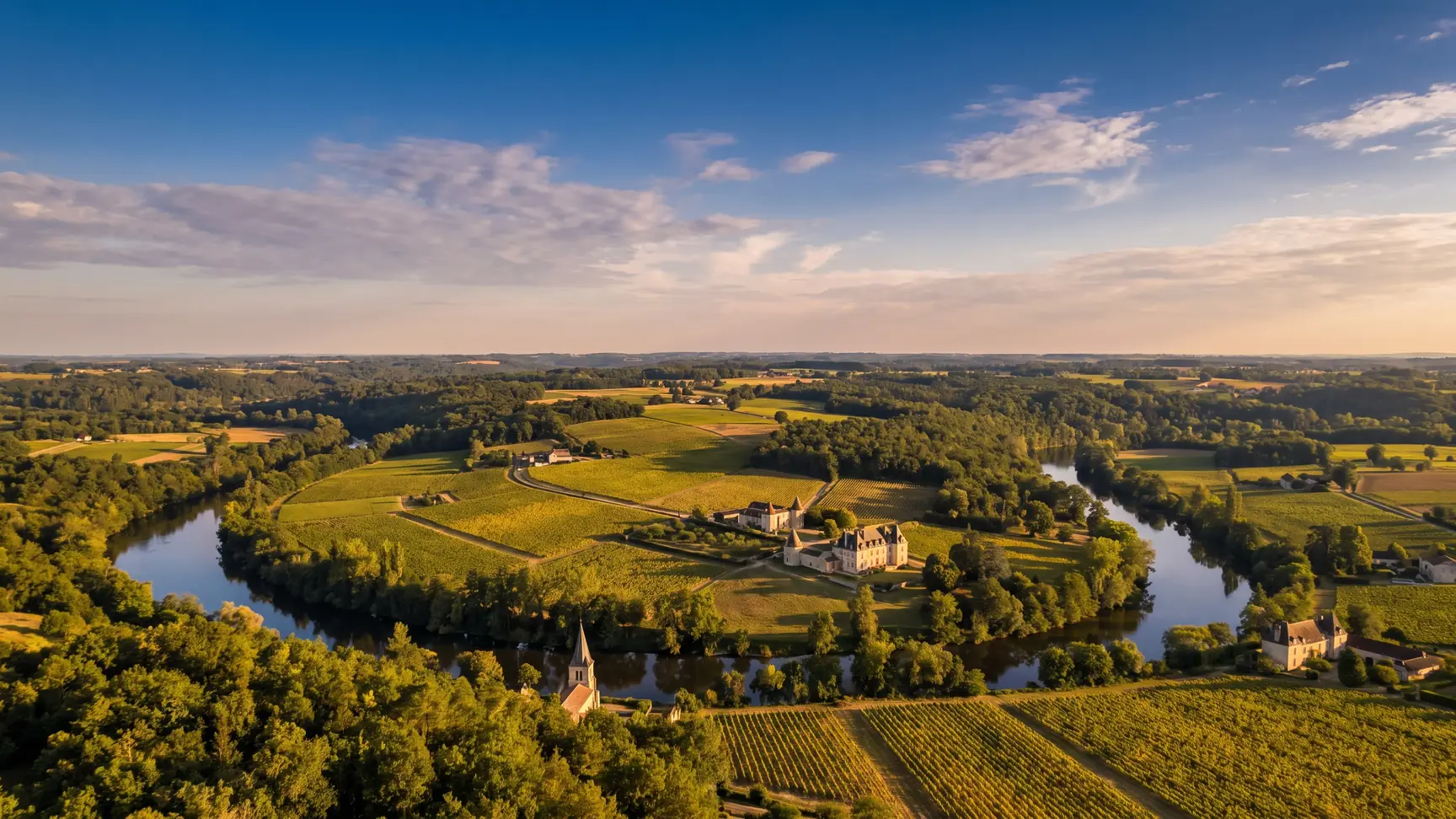 Una vista panorámica del valle del Isle y del Dronne, cerca de Coutras, en la región de Libourne, en Gironda, contemplada desde las alturas bajo una luz dorada; los dos ríos serpentean a través de una llanura de viñedos y bosques, castillos de piedra dorada y un campanario salpicando el paisaje, luz dorada, cielo azul y nubes suaves, una amplia y luminosa perspectiva de ríos y viñedos