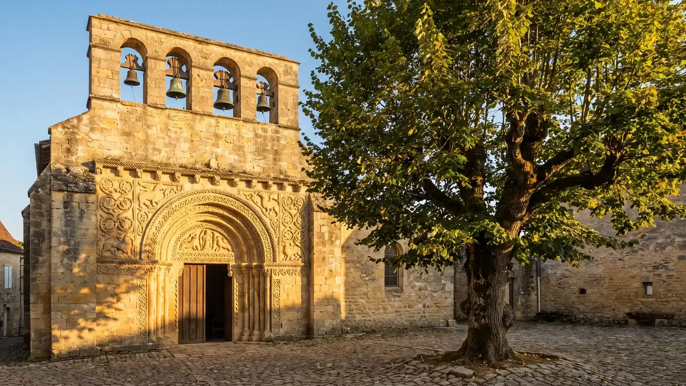 Fachada románica esculpida y campanario adosado de una iglesia de pueblo del Périgord, que recuerda a Saint-Martin du Coux