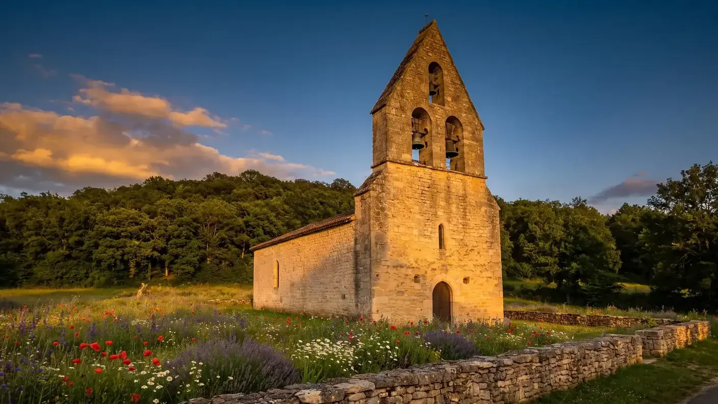 Capilla de piedra clara coronada por un gran campanario-muro, que recuerda a la iglesia de San Juan Bautista de Bigaroque