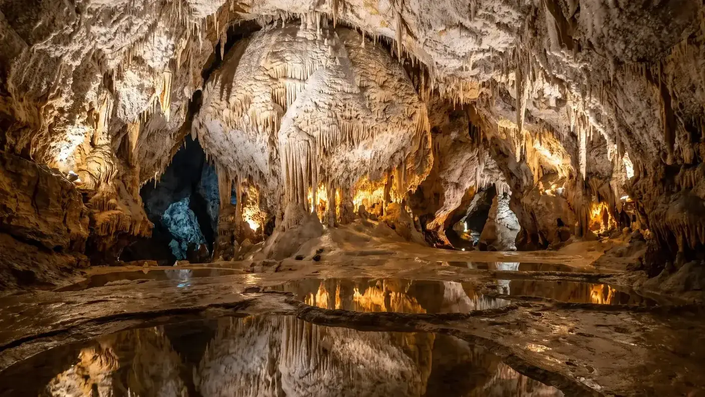 Una inmensa sala subterránea con concreciones blancas y doradas que se reflejan en unas aguas tranquilas